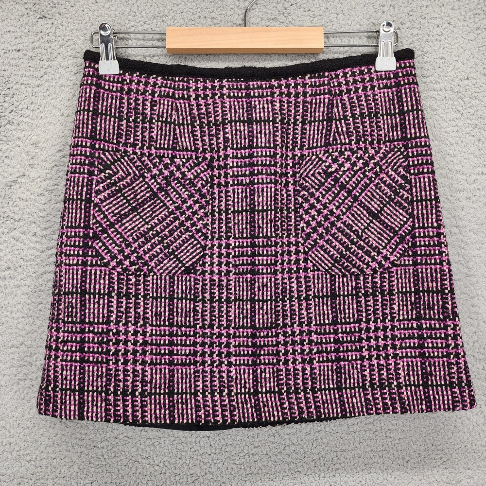 Nanette Lepore Pink Black Plaid Tweed Mini Skirt Pockets Size 2 Made in USA